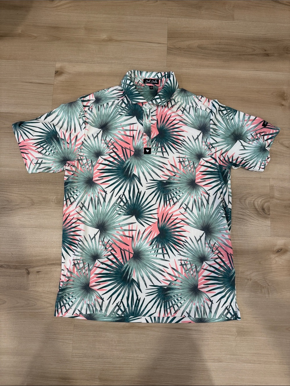 Bad Birdie Men's Medium Palm Print Golf Polo - Pink & Green Short Sleeve
